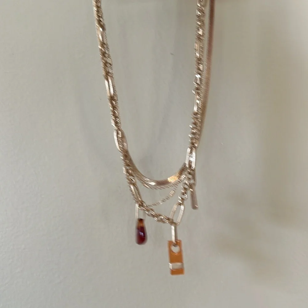 Universal Thread Gold Tone Layered Necklace Amber Resin Charm Pendant